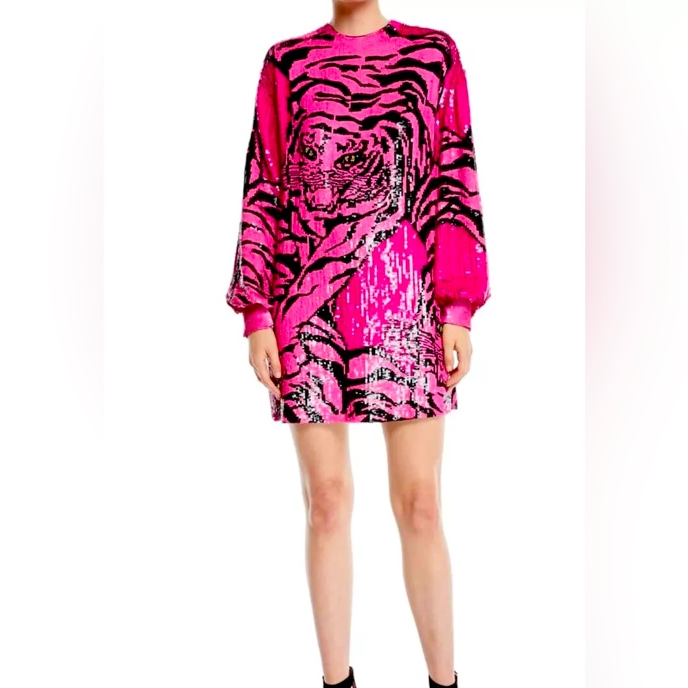 VALENTINO Long-Sleeve Sequin Tiger-Embroidery Mini Cocktail Dress Size 8 $12.5K